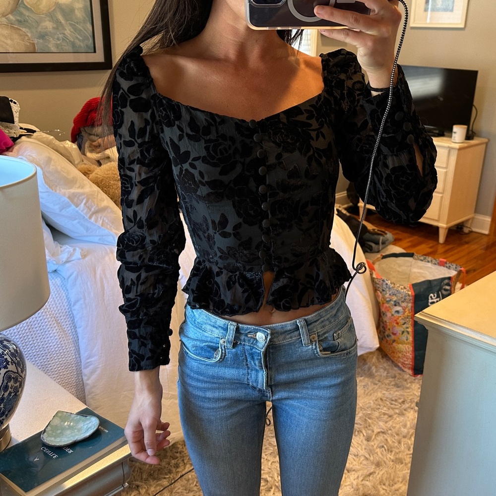 Lioness Black Velvet Button Long Sleeve Blouse